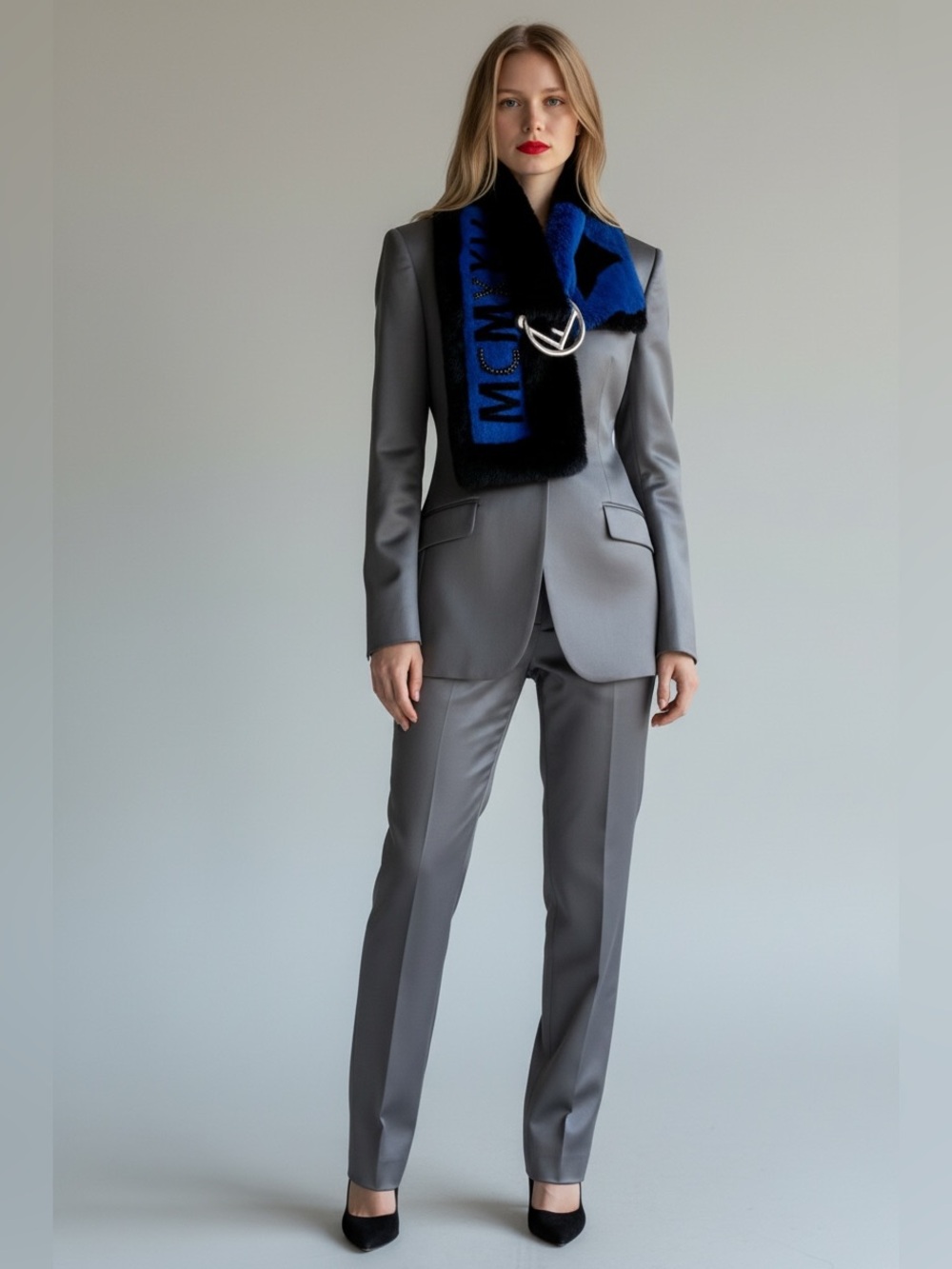 Fendi Black and Blue Logo Fur Scarf with Buckle